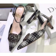 Dior Heel 4cm Symbols Gang Slingback Pumps in Tartan Fabric Black/White 2020