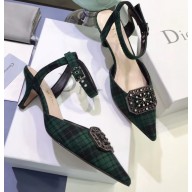 Dior Heel 4cm Symbols Gang Slingback Pumps in Tartan Fabric Black/Green 2020