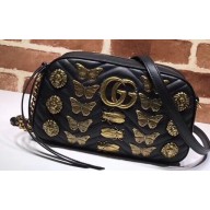 Gucci GG Marmont Small Matelassé Shoulder Camera Bag 447632 Metal Animal Insects Studs Black