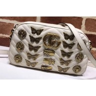 Gucci GG Marmont Small Matelassé Shoulder Camera Bag 447632 Metal Animal Insects Studs White