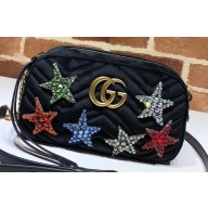 Gucci GG Marmont Small Matelassé Shoulder Camera Bag 447632 Velvet Embroidered Stars Black