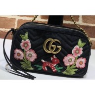Gucci GG Marmont Small Matelassé Shoulder Camera Bag 447632 Velvet Embroidered Flower Black