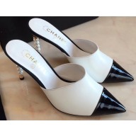 Chanel Pearl Heel 8cm Lambskin and Patent Calfskin Mules G35540 White/Black 2020