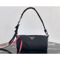 Prada Nylon Shoulder Bag with Studs 1BC100 Black/Red 2020