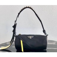 Prada Nylon Shoulder Bag with Studs 1BC100 Black/Yellow 2020