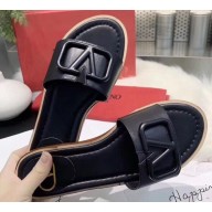 Valentino VLOGO Flat Calfskin Slide Sandals Black 2020