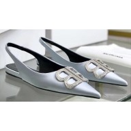 Balenciaga Strassed BB Logo Satin Slingback Flat Ballerinas Silver 2020