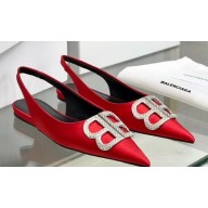 Balenciaga Strassed BB Logo Satin Slingback Flat Ballerinas Red 2020