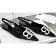 Balenciaga Strassed BB Logo Velvet Slingback Flat Ballerinas Black 2020