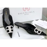 Balenciaga Heel Strassed BB Logo Velvet Mules Pumps Black 2020
