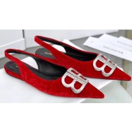Balenciaga Heel Strassed BB Logo Velvet Mules Pumps Red 2020