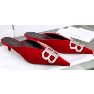 Balenciaga Heel Strassed BB Logo Velvet Mules Pumps Red 2020