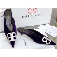 Balenciaga Heel Strassed BB Logo Velvet Mules Pumps Purple 2020
