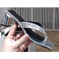 Balenciaga Heel 6cm Double Square Open Back Flip Flop Thong Sandals Crinkled Silver 2020