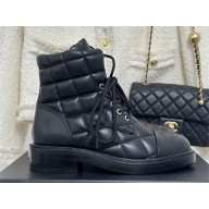 CHANEL leather quilted lace up tie ankle boots black 2023