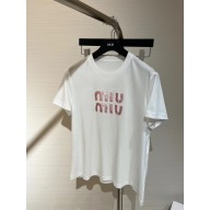 miu miu white cotton T-shirt with pink logo 2023 
