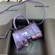 BALENCIAGA Hourglass XS Handbag in light purple shiny crocodile embossed calfskin 2022