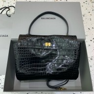 BALENCIAGA Women's Rodeo medium Handbag in black supple crocodile embossed calfskin 2024