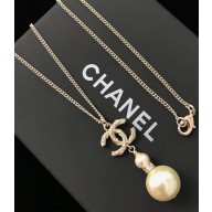 Chanel CC and Pearl Pendant Necklace Pale Gold 2018