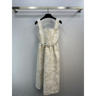 dior White Technical Jacquard with Gold-Tone Allover Butterfly Motif Mid-Length Belted Dress 2023