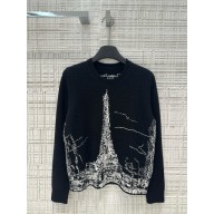 Dior Black and White Cashmere and Silk Knit with Paris Motif Embroidered Sweater 2024