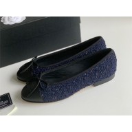 Chanel Wool Tweed & Lambskin Navy Blue, Blue & Black ballet flats 2024