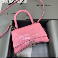 BALENCIAGA Hourglass Small Handbag in rose pink shiny crocodile embossed calfskin 2022