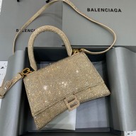 BALENCIAGA Hourglass Small Handbag in beige suede calfskin with rhinestones 2022