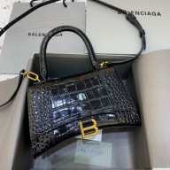 BALENCIAGA Hourglass Small Handbag in black shiny crocodile embossed calfskin with gold hardware 2022