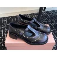 Miu Miu Brushed leather T-strap brogue shoes BLACK 2024SS