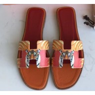 Hermes Print Oran Flat Slipper Sandals Orange
