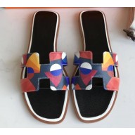 Hermes Print Oran Flat Slipper Sandals Black/White
