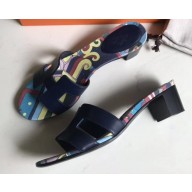 Hermes Heel 5cm Print Oasis Slipper Sandals Dark Blue