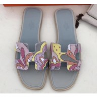 Hermes Print Oran Flat Slipper Sandals Light Gray