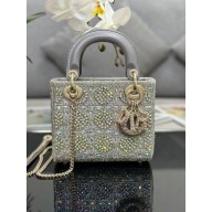 Dior MINI Lady Dior Bag in Metallic Calfskin and Satin with Grey Resin Bead Embroidery 2023