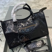 Balenciaga Crocodile pattern cowhide MotorcycleBag in Black Bb022