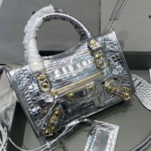 Balenciaga Crocodile pattern cowhide MotorcycleBag in Silver Bb028