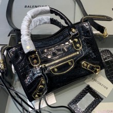 Balenciaga Crocodile pattern cowhide MotorcycleBag in Black Bb038