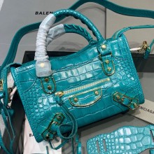 Balenciaga Crocodile pattern cowhide MotorcycleBag in Blue Bb040