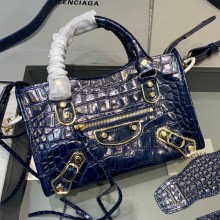 Balenciaga Crocodile pattern cowhide MotorcycleBag in Blue Bb041
