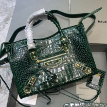 Balenciaga Crocodile pattern cowhide MotorcycleBag in Green Bb043