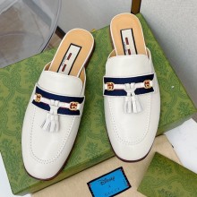 Gucci Calfskin Fringed half-top Mules in White Gs023