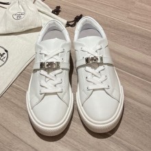 Hermes Cowhide Kelly buckle Flat casual shoes couple models in White Her041