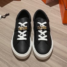 Hermes Cowhide Kelly buckle Flat casual shoes couple models in Black Her043