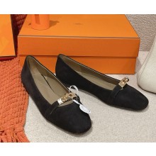 Hermes Bilbao ballet flat suede goatskin and satin with iconic rose gold plated buckle black 2025