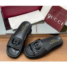 Gucci Women's Interlocking G cut-out slide sandal black leather 2025 