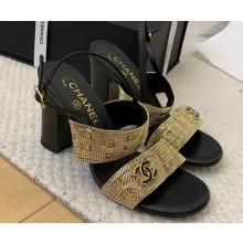 Chanel sandals leather metal chain CC logo black heel 9cm/4cm 0403 2025