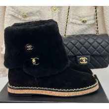 Chanel CC Flat Ankle Boots black Suede And Fleece 1209-2024