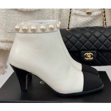 Chanel lambskin with pearl  ankle boots in pearl white heel 7cm 1209-2024