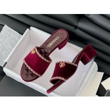 Chanel velvet with chain high-heeled slippers burgundy 2025